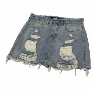 Express Y2K Denim Mini Skirt  4 Distressed  Frayed Hem Pockets 100% Cotton Beach